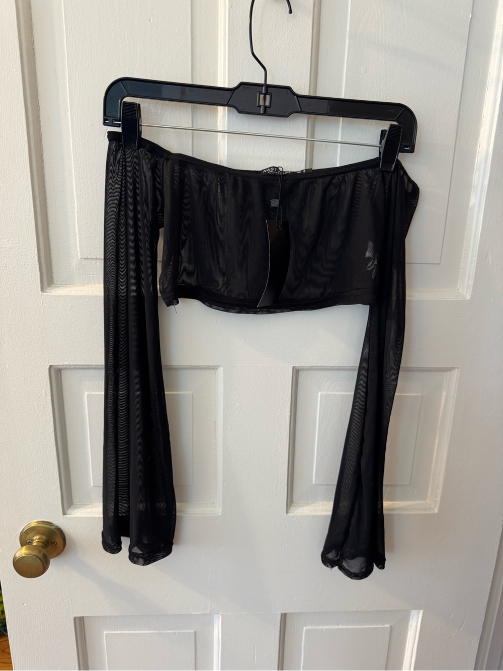 NWT Sheer Off-Shoulder Black Crop Top w/ Flared Sleeves